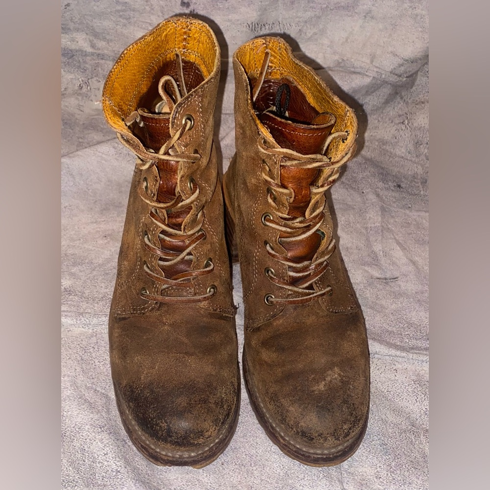Frye Sabrina 6G Burnished Suede Brown Lace-Up Combat Heeled Boots - Picture 5 of 11